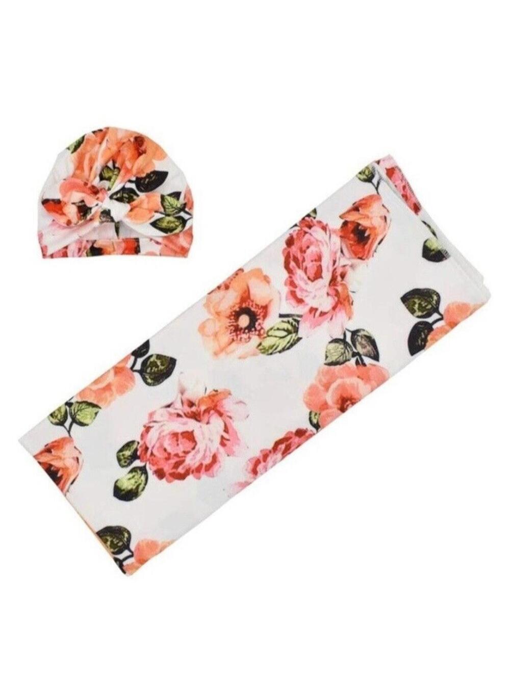 Girl Newborn Receiving Blanket With Hat Floral Print Swaddle Blanket Brand New